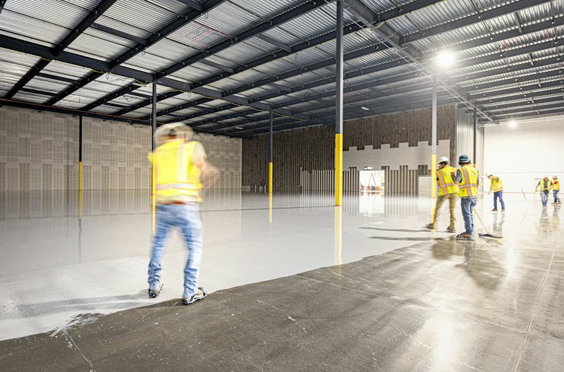 Installers working on a freshly coated warehouse floor