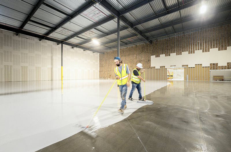 Workers coating the floor of a large empty warehouse